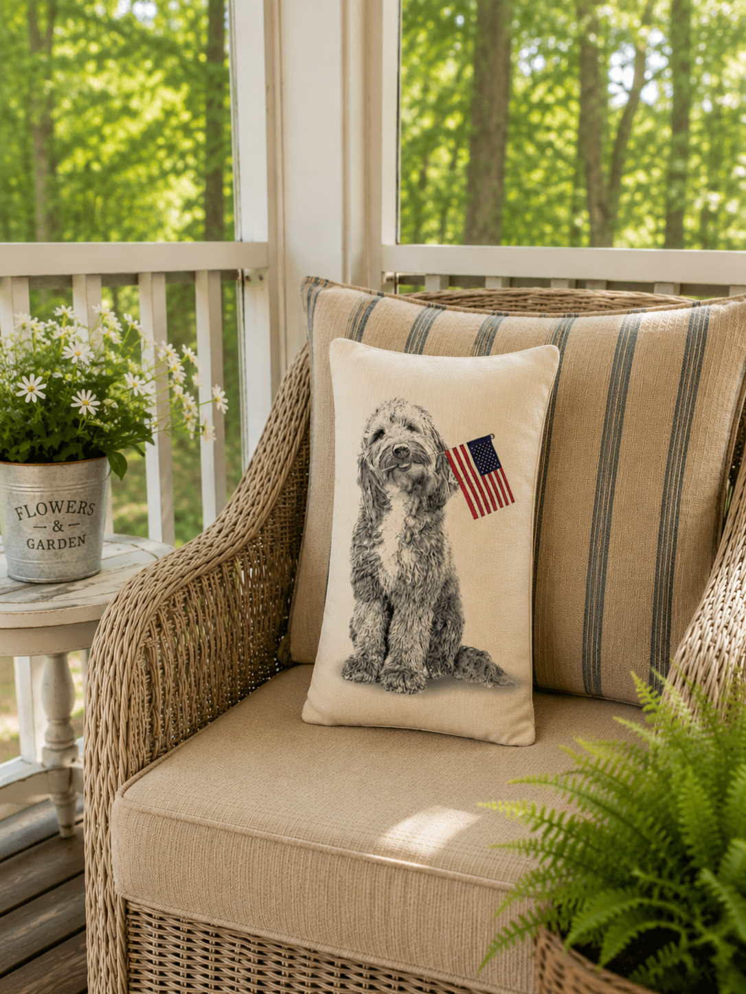 Labradoodle with Flag Pillow
