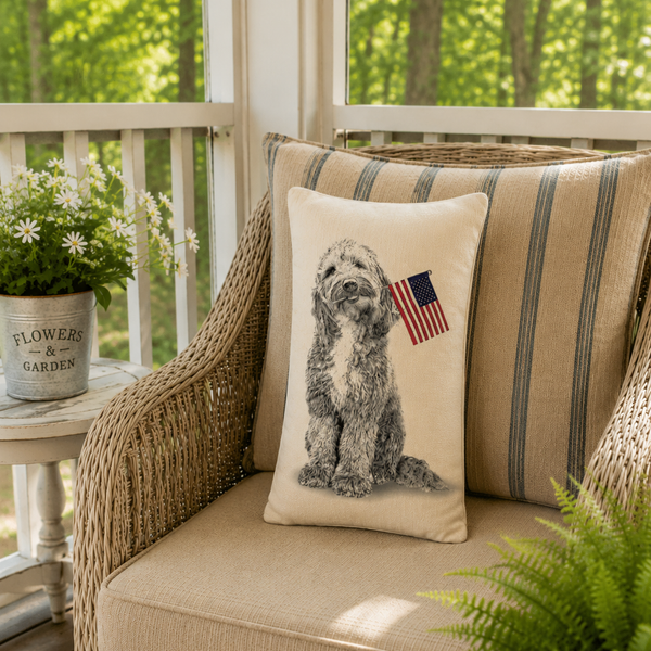 Labradoodle with Flag Pillow
