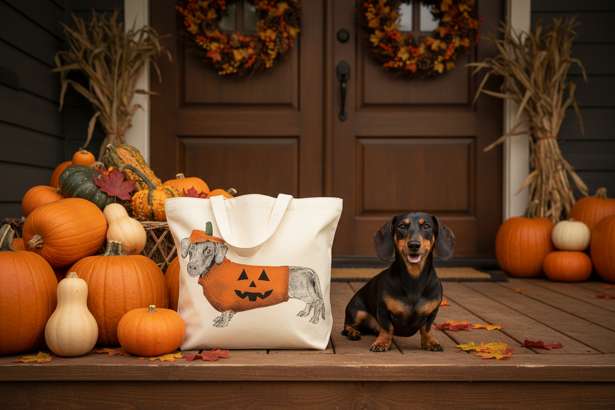 Halloween Dachshund Tote on Fall Porch