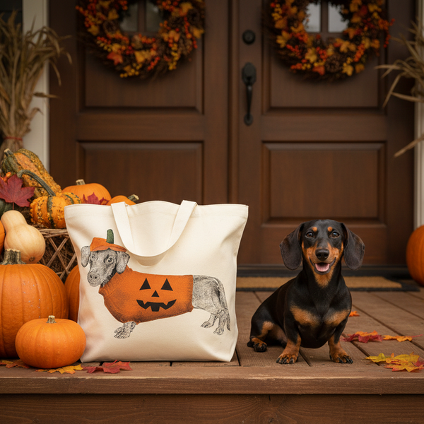 Halloween Dachshund Tote on Fall Porch